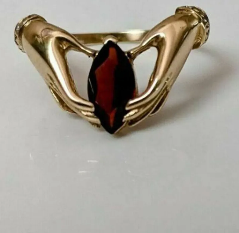 Authentic 1 Ct Lab-Created Red Garnet Claddagh Solitaire Ring Yellow Gold Plated Silver