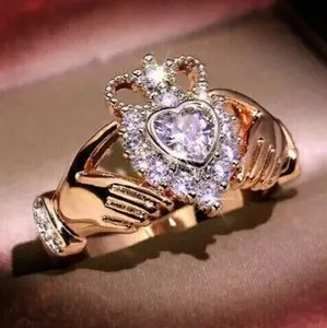 Authentic Claddagh 2.Ct Heart Cut Lab Created Diamond Wedding Ring 14K Yellow Gold Plated