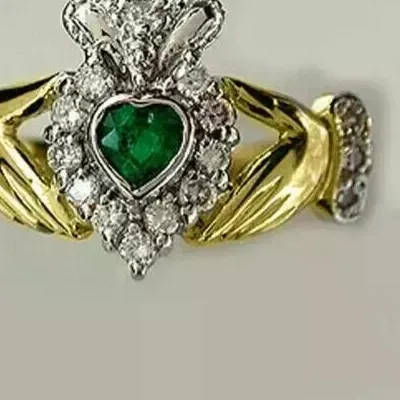 Authentic 2.20Ct Heart Simulated Emerald Claddagh Engagement Ring 14K Yellow Gold Plated