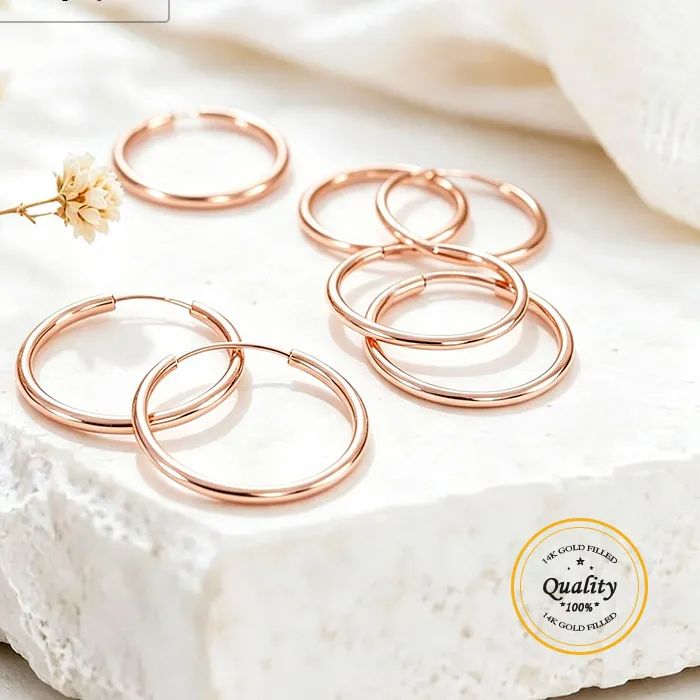 Authentic 14K Rose Gold Filled Hoop Earrings Round Loop Ear Components 7 Sizes Jewelry Findings 12 14 16 20 24 30 38Mm