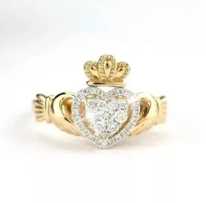 Authentic 1Ct Round Cut Moissanite Claddagh Wedding Engagement Ring 14K Yellow Gold Plated