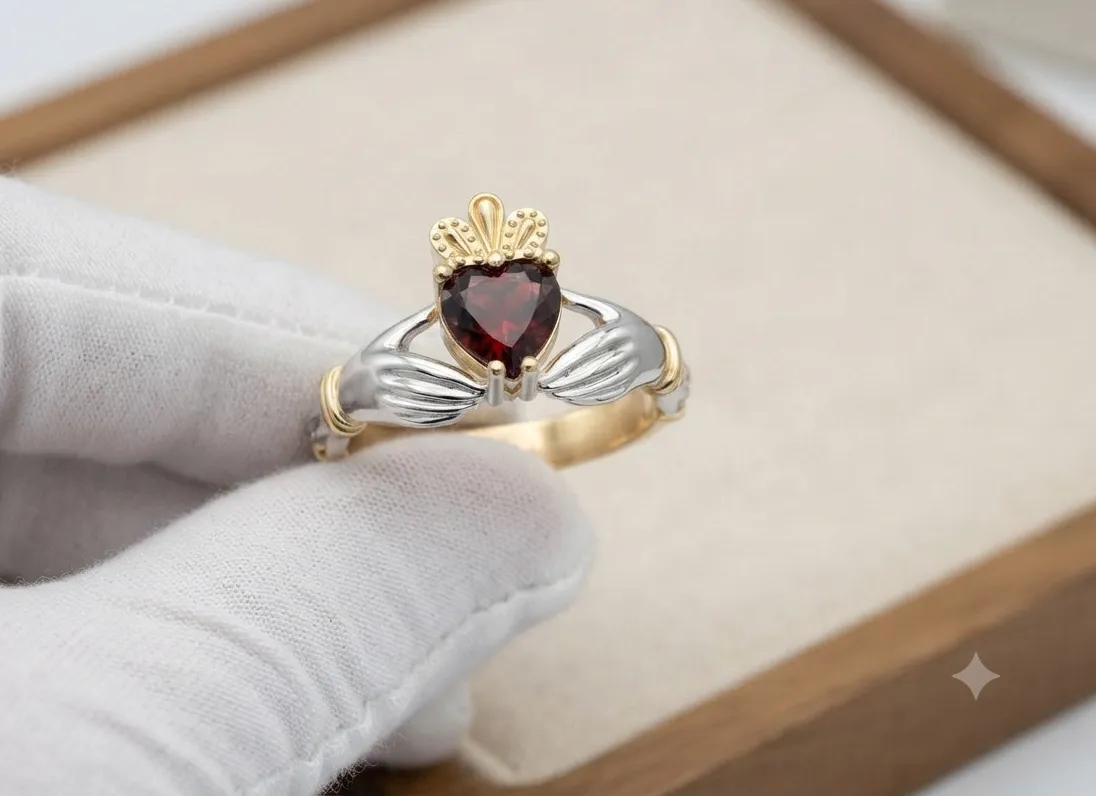 Authentic Eternal Devotion: Red Garnet Claddagh Ring of Sacred Union