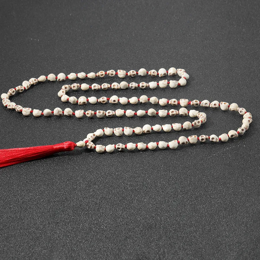 Authentic Non- Mainstream Sautoir Lmitation Bone Skull Beaded Handmade Knot 108Mala Necklace Hip Hop Tassel Pendant Jewelry