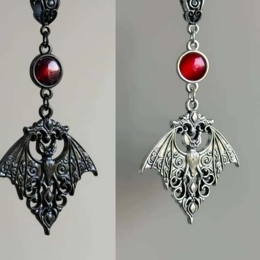 Authentic Gothic Punk Hollowed- Out Black Vampire Bat Red Crystal Pendant Necklace Halloween Jewelry Accessories