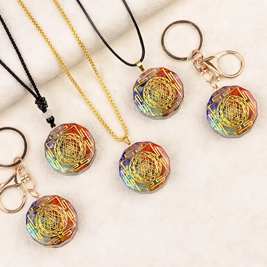 Authentic Natural 7 Chakra Resin Orgone Pendant Agate Chip Stones Keychain Brainded Rope Necklace Multiple Style Diy Jewelry Symbol Charms