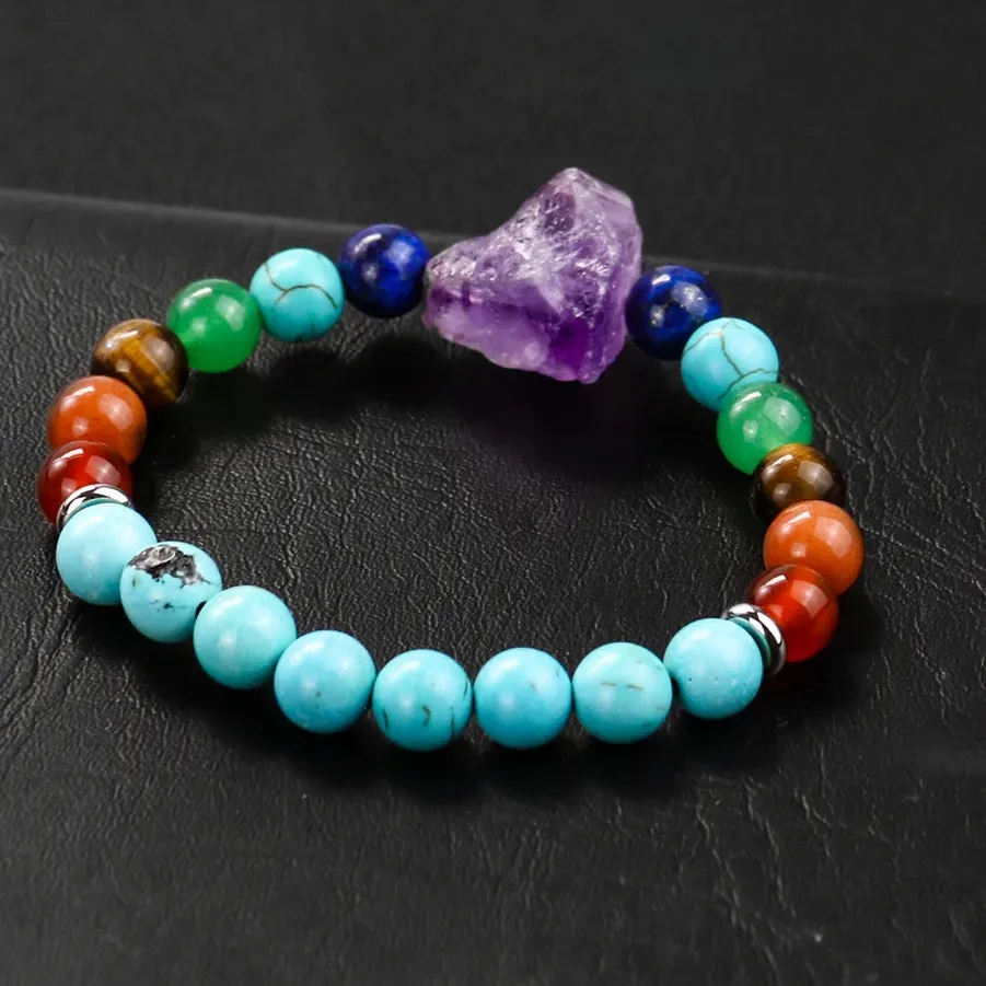Authentic Seven Chakras Awaken Amethyst Quartz Rainbow Bead Bracelet Of Spiritual Harmony