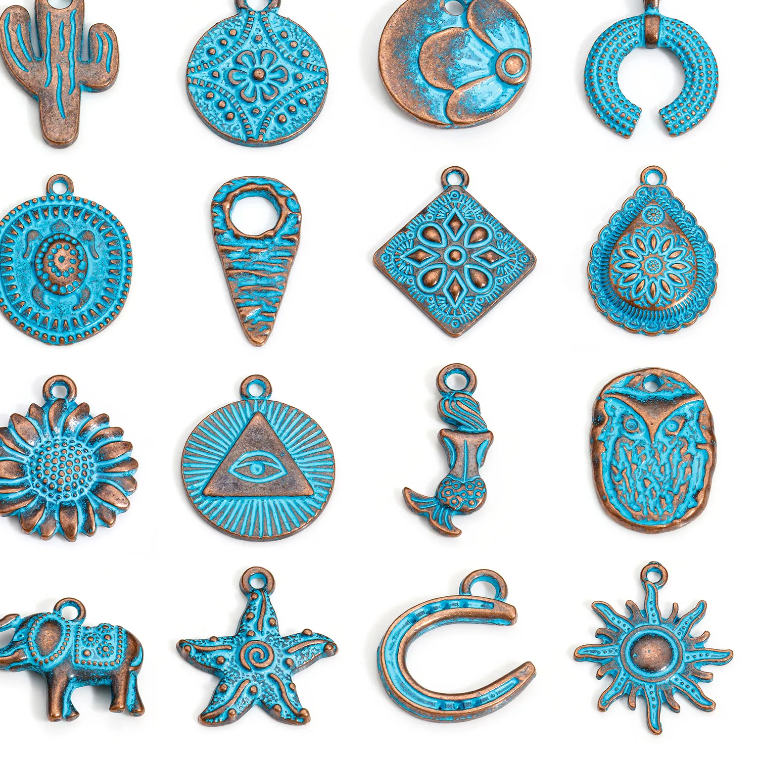 Authentic 20Pcs Bohemian Style Ocean Jewelry Charms Antique Blue Patina Geometric Flower Pendants Diy Necklace Earrings Jewelry