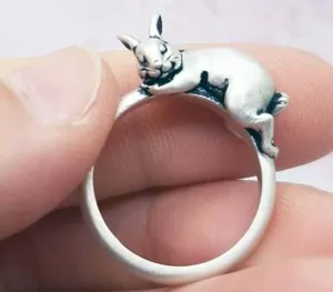 Authentic Solid Metal Men's Bunny Rabbit Ring 14K White Gold Plated Silver