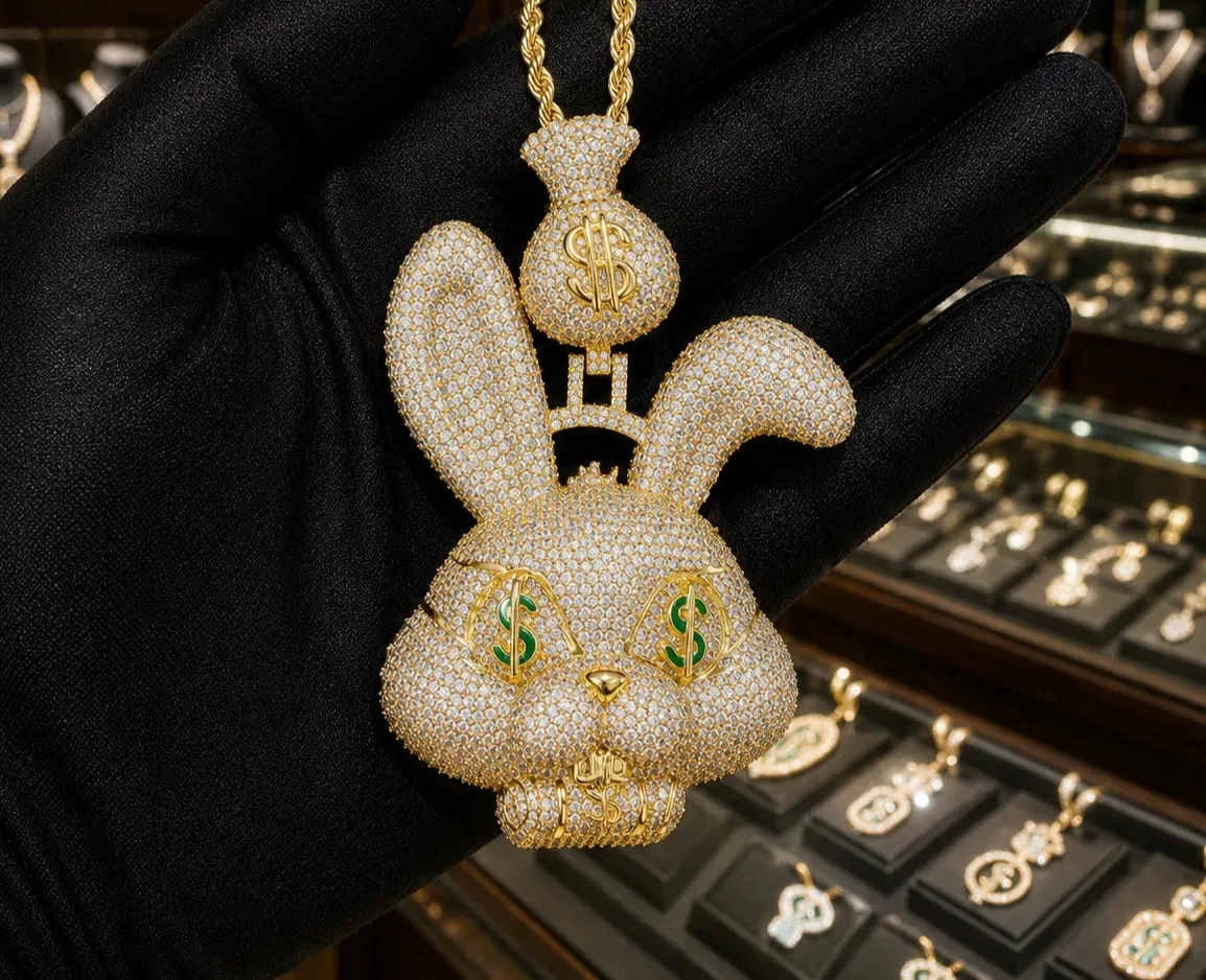Authentic 7TCW Lab Created Diamond Bunny Rabbit Money Bag Pendant 14k Yellow Gold Plated