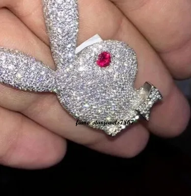 Authentic Rabbit Custom Pendant 925 Silver Gold Plated Men's 2Ct Simulated Pink Diamond