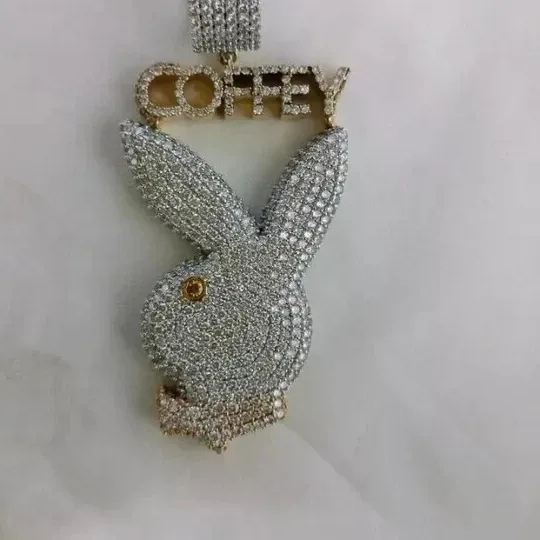 Authentic 2Ct Round Cut Real Moissanite Rabbit Charm Men's Pendant 14K Yellow Gold Plated