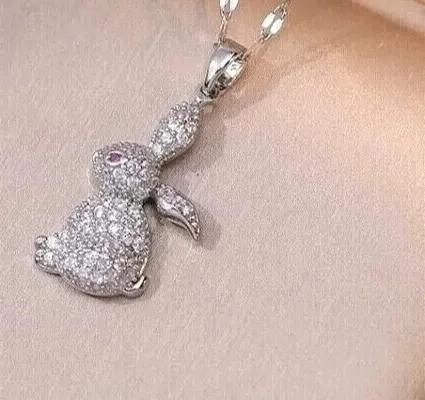 Authentic 2.20Ct Round Cut Real Moissanite Beauty Rabbit Pendant 14K White Gold Plated