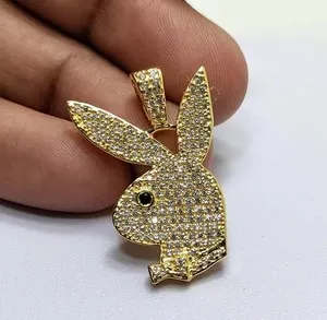 Authentic 1.5CT Round Moissanite Playboy Bunny Rabbit Men's Pendant 14K Yellow Gold Plated