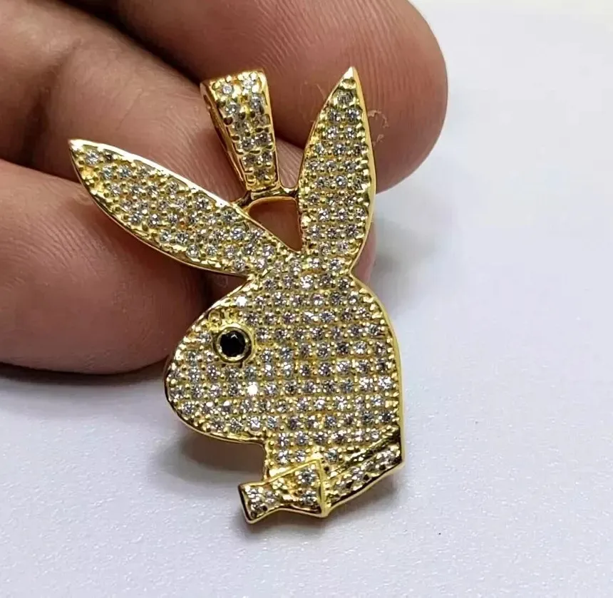 Authentic Lab Created Diamond Playboy Bunny Rabbit Men's Pendant 14K Yellow Gold Plated