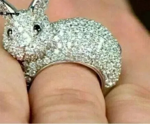 Authentic 2Ct Round Cut Real Moissanite Rabbit Women's Wedding Ring 14K White Gold Plated