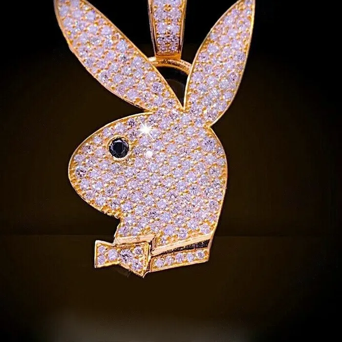 Authentic 2 CT Round Moissanite Playboy Bunny Rabbit Pendant 14K Yellow Gold Plated
