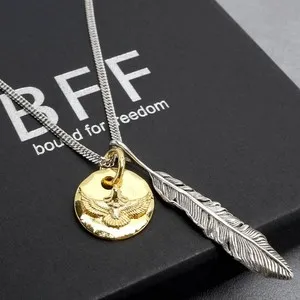 Authentic BFF Silver 925 Feather Necklace 50cm Double Kihei Chain Gold Plated Metal Aller