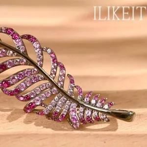 Authentic Luxury 925 Silver Gold Plated Feather Brooch Paved with Pink CZ