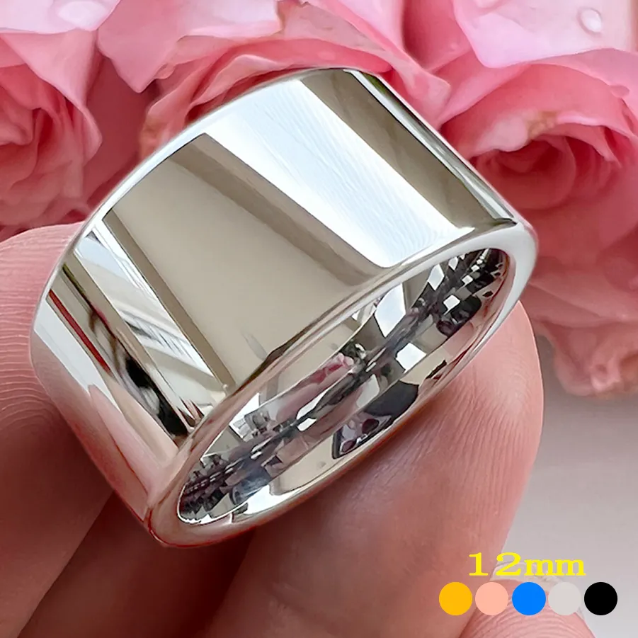 Authentic Itungsten 12Mm Large Ring Shiny Tungsten Band Jewelry Pipe Cut Polished Comfort Fit
