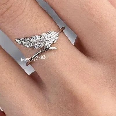 Authentic Natural Diamond Women's Beautiful Feather Ring 14k White Gold Plated 925 Silver