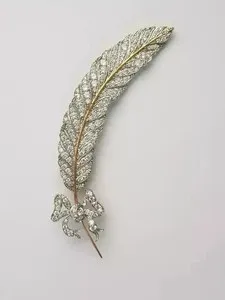 Authentic Feather & Knot Art-Deco Brooch Pin Real Moissanite 14K Two-tone Gold Plated