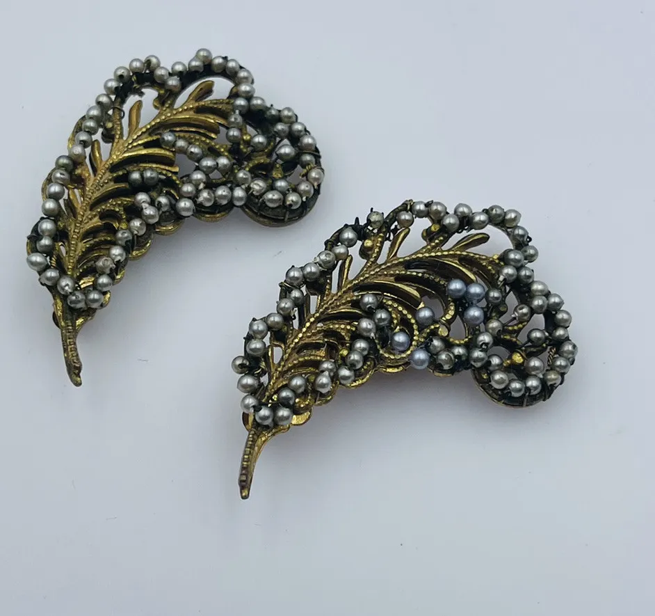 Authentic Miriam Haskell Vintage Pair Gold Plated Faux Pearl Feather Shaped Pins