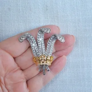 Authentic Art Deco Style Feather Brooch Simulated Diamond 925 Silver Two Tone Gold Plated