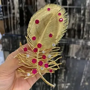 Authentic 2.10Ct Round Lab-Created Ruby Large Feather Brooch Pin 14K Yellow Gold Plated