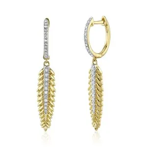 Authentic 2CT Round Cut Diamond Lab Created Dangle Feather Earrings 14K Yellow Gold Plated
