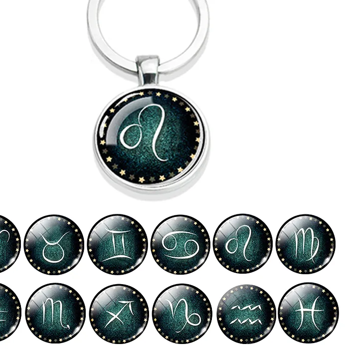 Authentic 12 Constellations Keychain Glass Cabochon Pendant Zodiac Sign Jewelry Leo Virgo Libra Scorpio Double Side Key Chain