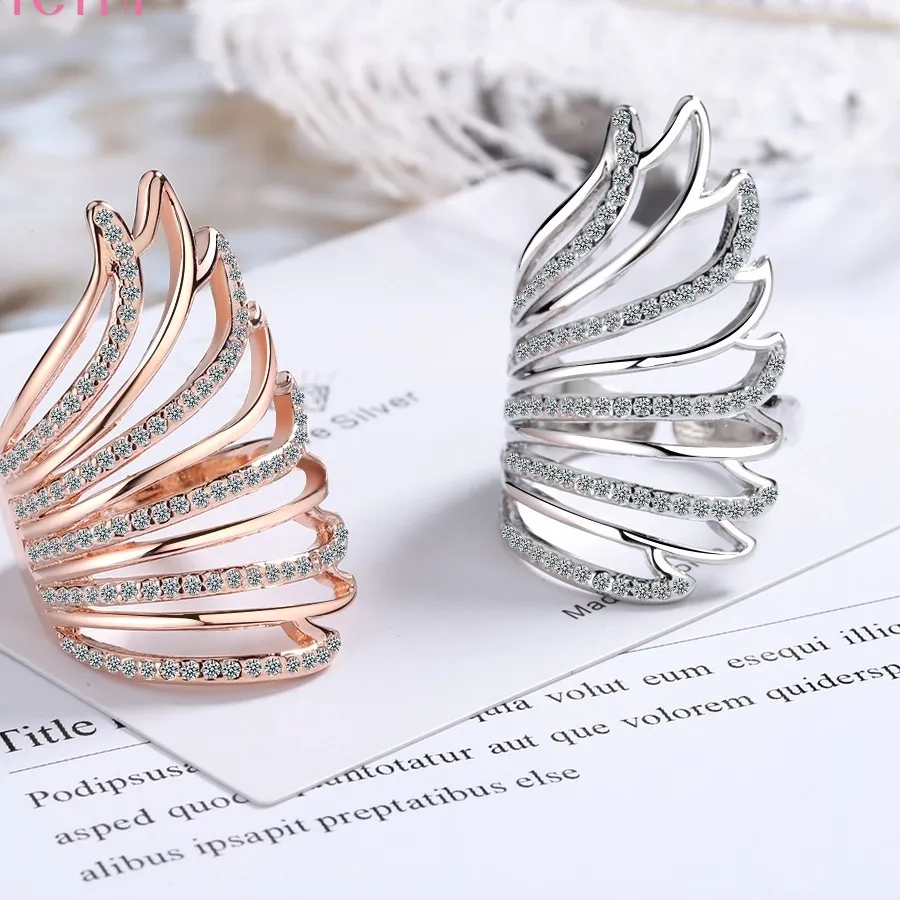 Authentic 925 Sterling Silver Angel Wing Open Staking Rings Lady Couple Punk Cool Finger Jewelry