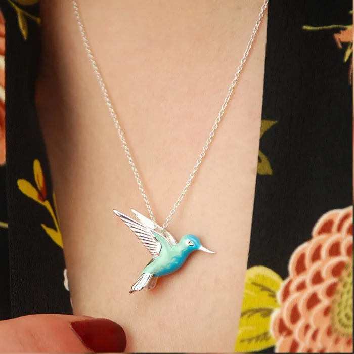 Authentic Hummingbird Chain Necklace Exquisite Blue Enamel Bird Pendant Clavicle Chain Necklace Anniversary Jewelry