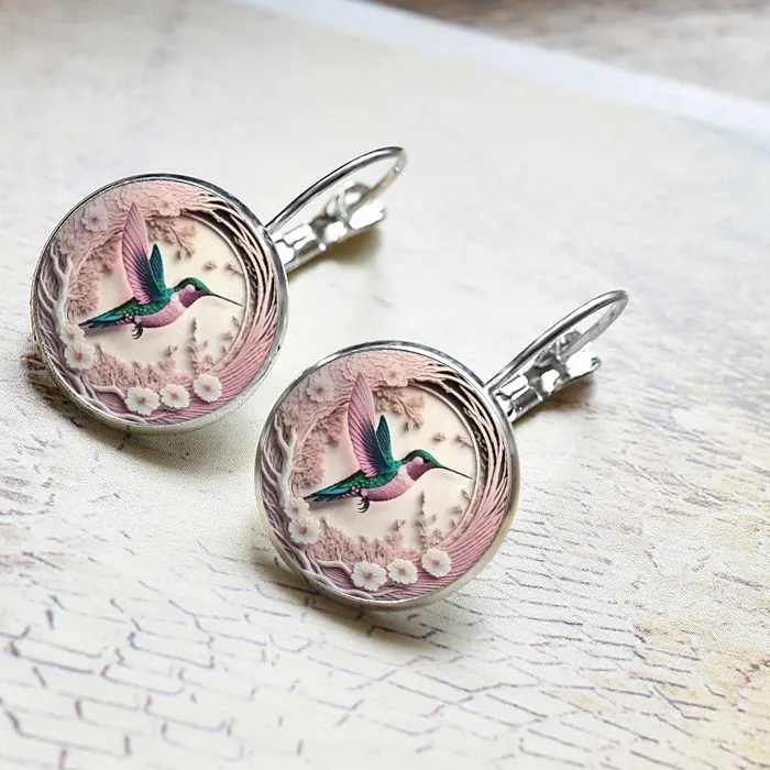 Authentic Whispering Canopy Hummingbird Glass Cabochon Talisman Earrings