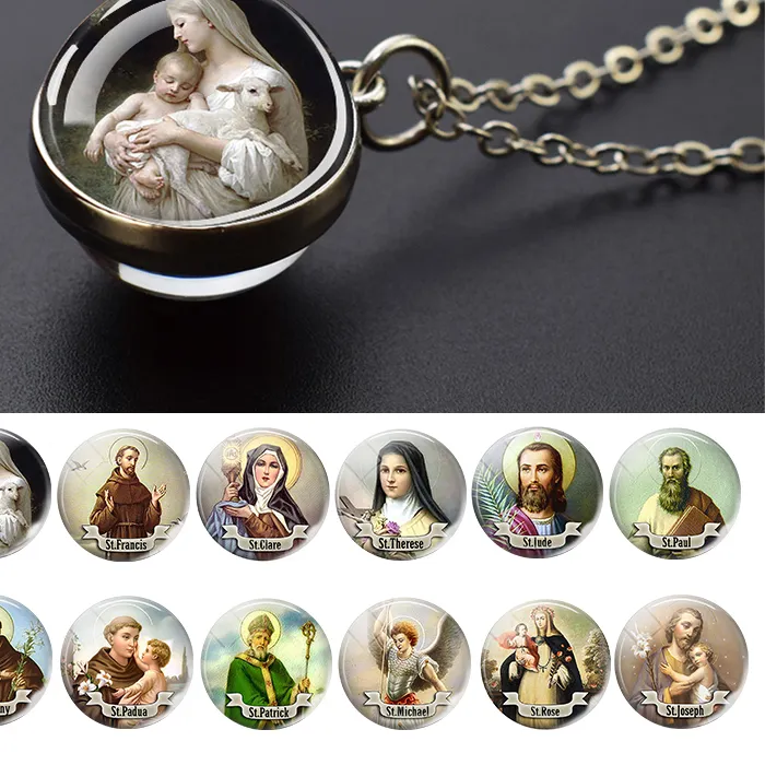 Authentic Jesus And Virgin Mary Necklace Saint Michael Jude Anthony Patrick Paul Glass Ball Pendant Religious Jewelry Christian