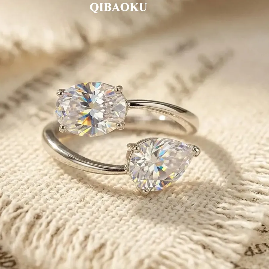 Authentic Qibaoku S925 Sterling Silver Moissanite Ring Jewelry Pear Oval Cut Bypass Ring Anniversary
