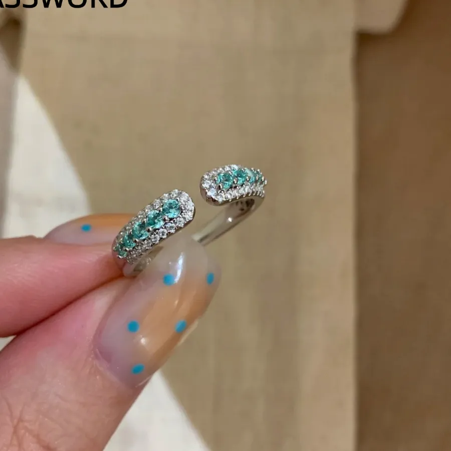 Authentic 925 Sterling Silver Blue Green Zircon Bypass Open Ring Double Row Pave Setting Adjustable Stackable Ring Fine Jewelry