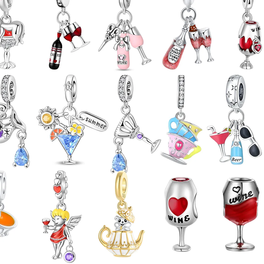 Authentic 925 Sterling Silver Wine Cocktail Dangle Charms Wine Glass Bottle Cat Angel Teapot Summer Drink Beads Fit Bracelet Diy Jewelry