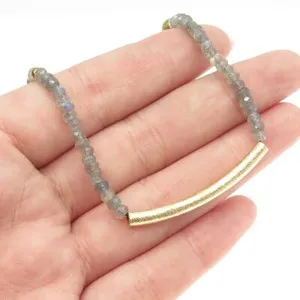 Authentic 925 Sterling Silver Gold Plated Real Labradorite Beaded Bar Necklace 16-18"