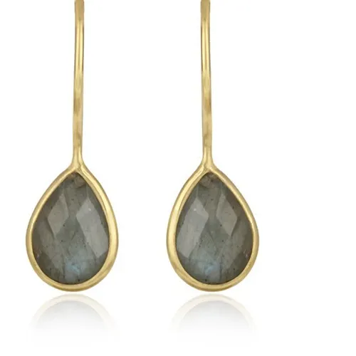 Authentic Teardrop Wire Hook Earrings In Gold Plated With Labradorite For Anniversary Gift