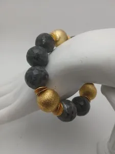 Authentic HILES TWO gold plated metal beads Faceted labradorite stones stretch bracelet 