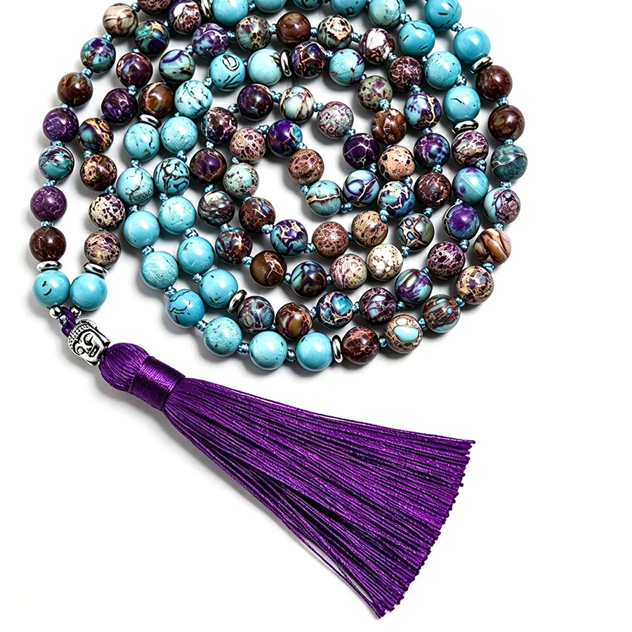 Authentic 8Mm Emperor Turquoise Bead Knotting 108 Mala Necklace With Buddha Head Pendant, Meditation Jewelry, Festival