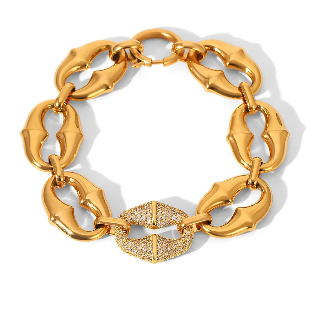 Authentic Punk Bamboo Texture Link Chain Bracelets Statement Cubic Zirconia Gold Plated Pulseras Jewelry