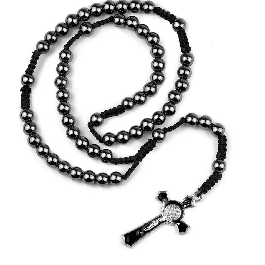 Authentic Hematite Rosary Beaded Necklace Cross Pendant Saint Christopher Inri Neklcaces Religous Jewelry