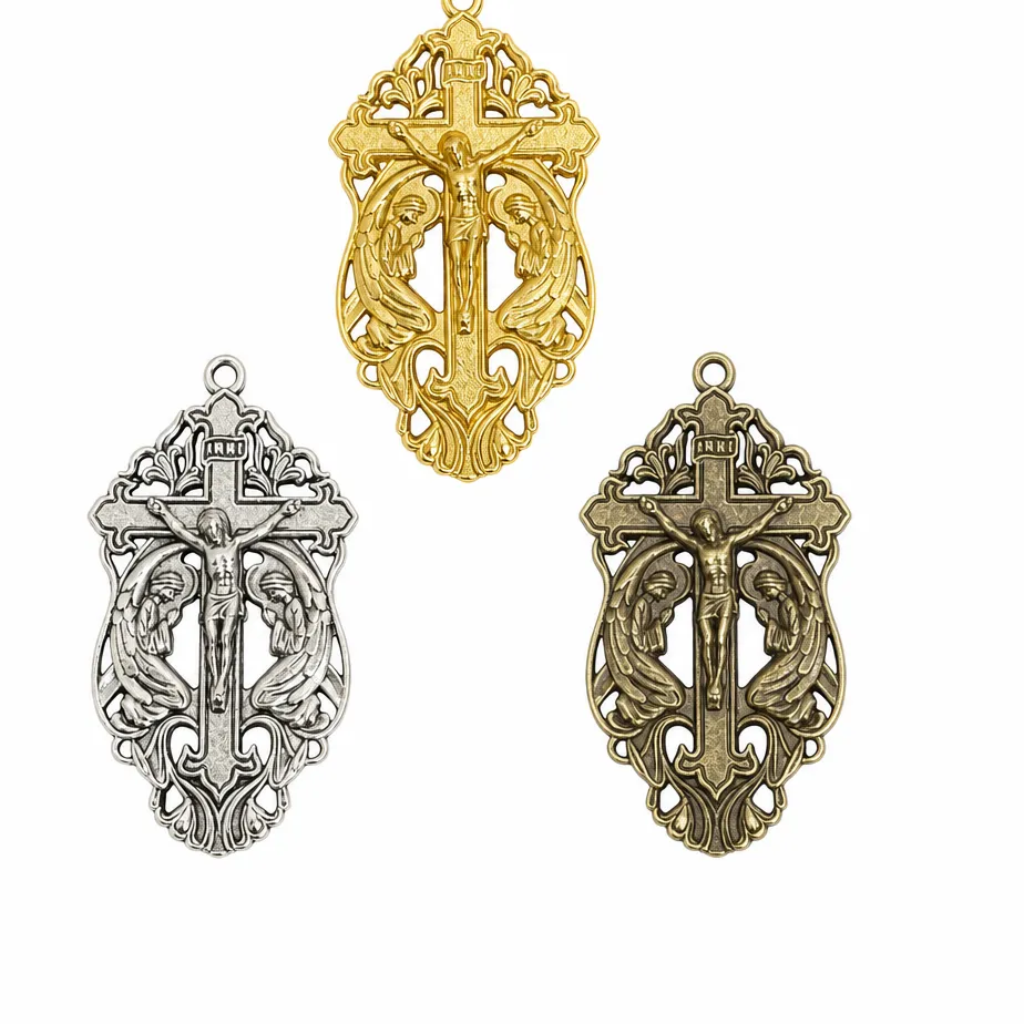 Authentic 10Pcs Large Catholic Inri Crucifix Cross Pendants Angel Hollow Out Religious Charms For Diy Rosary Necklace Jewelry Making