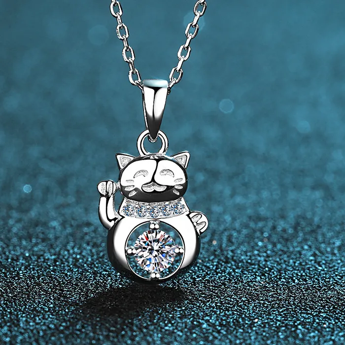 18K White Gold Platinum Pt950 0.3Ct Moissanite Cat Pendant Necklace High Polished Finish Jewelry