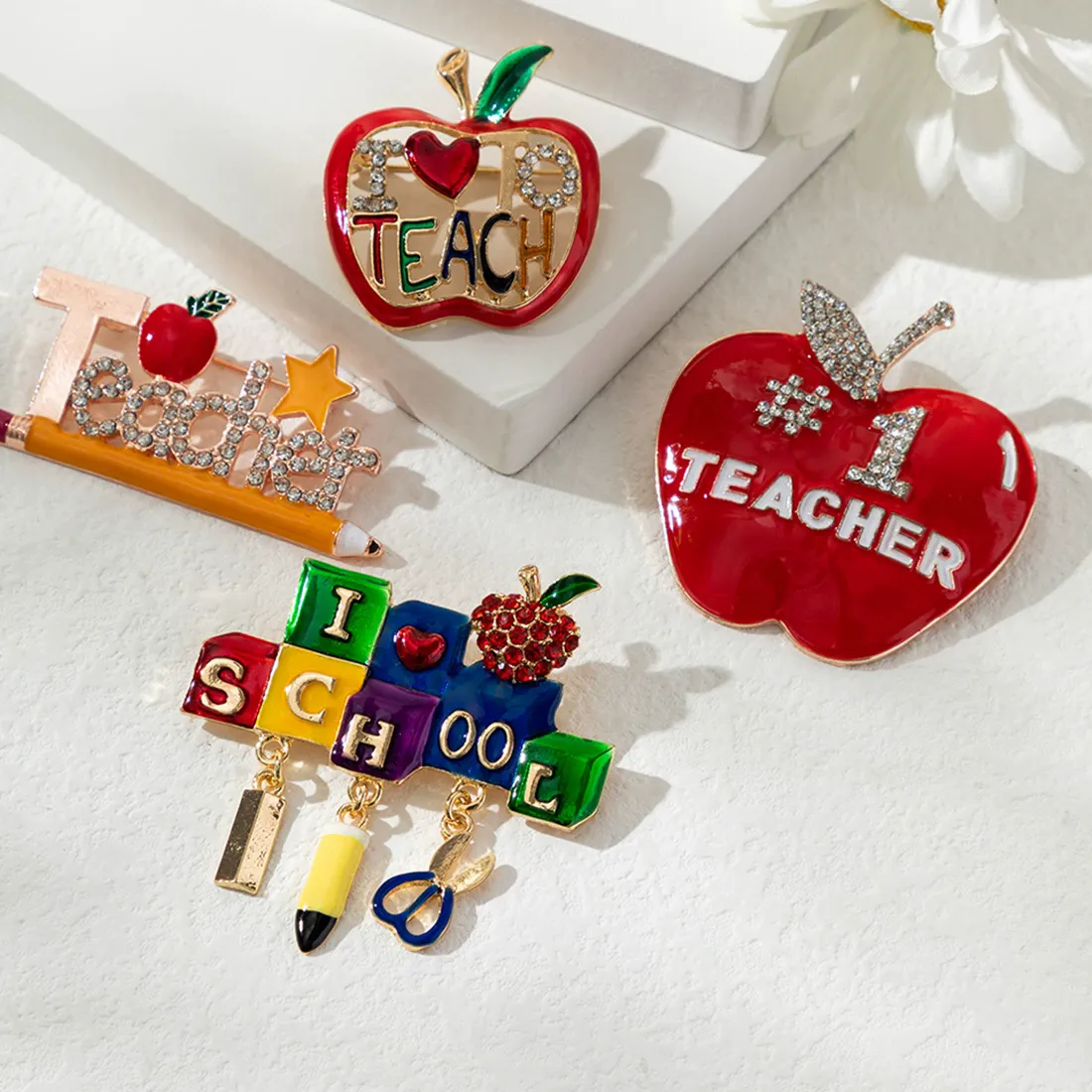 Authentic Enamel School Heart Apple Pencil Book Brooch Pin Crystal Teacher Letters Brooches For Student Teacher Appreciation Jewelry