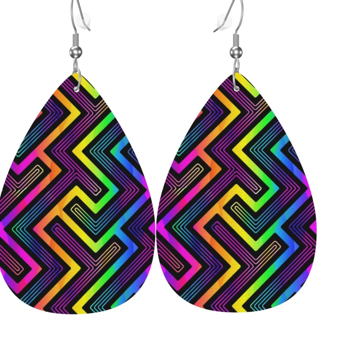 Authentic Custom Colorful Geometric Abstract Pattern Pvc Leather Earrings Dangle Earrings Jewelry For Wife Mother