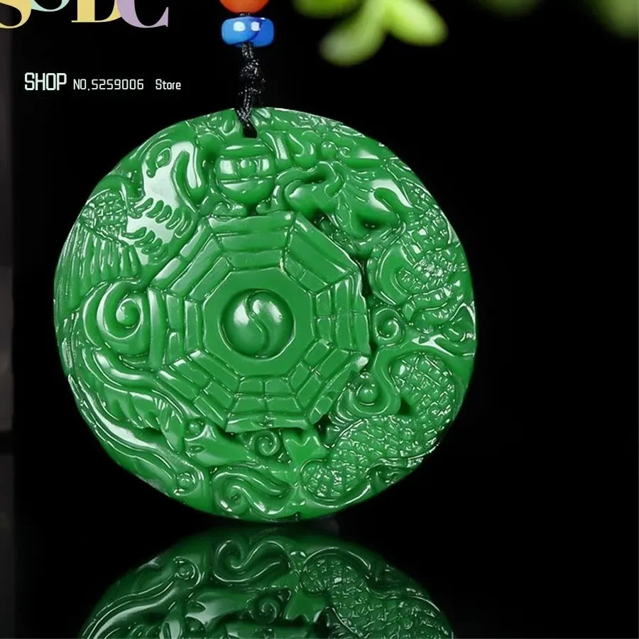 Authentic Natural Hetian Yugan Green Dragon Phoenix Auspicious Tai Chi Eight Trigrams Mirror Pendant National Style Necklace