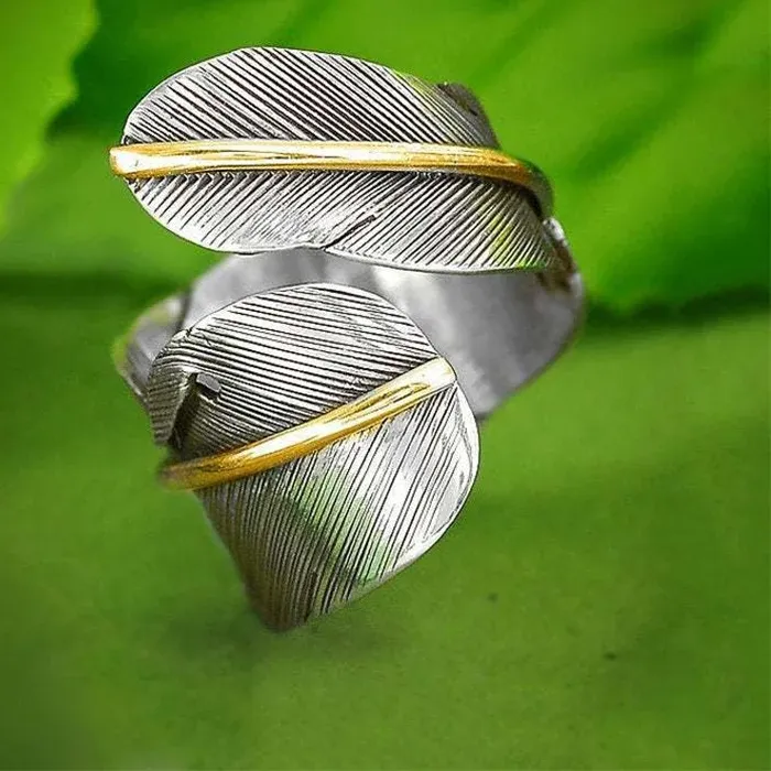 Authentic Geometric Sliver Color Feather Hoop Adjustable Opening Ring Accessories Custom Jewelry