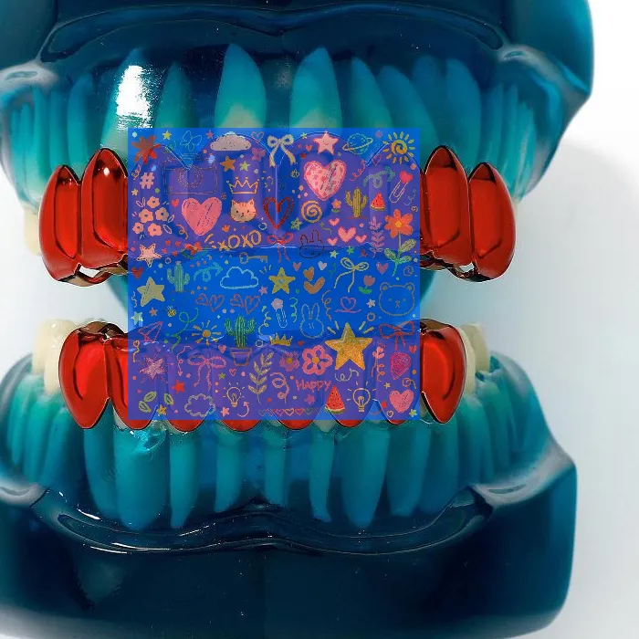 Authentic Red Mirror Hip Hop Grillz 8 Teeth Top Bottom Grills Y2K Cosplay Teeth Halloween Jewelry